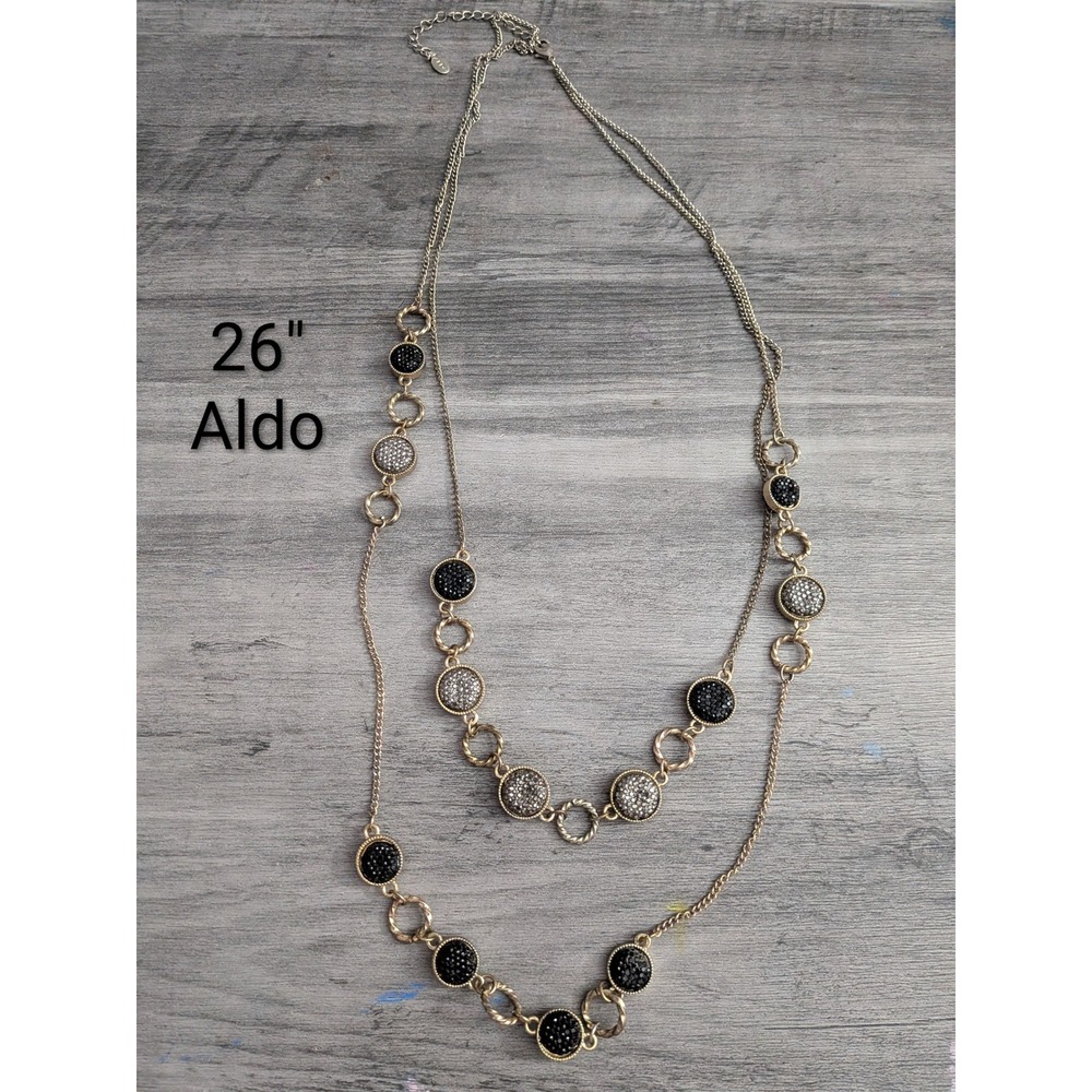 Aldo Womens Gold Tone Double Strand Pave Glitter Circle Link Necklace 26 Inch